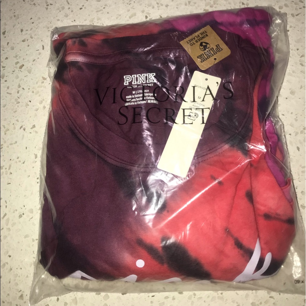 VS VICTORIAS SECRET PINK CAMPUS LONG SLEEVE TEE TOP SUPERNOVA TIE DYE SCRIPT M - Picture 7 of 7